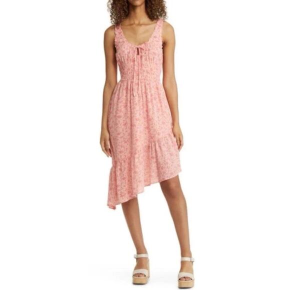 BP Women's Medium Pink Floral Print Asymmetric Dress 100% Cotton Elastic Waist - Picture 1 of 6